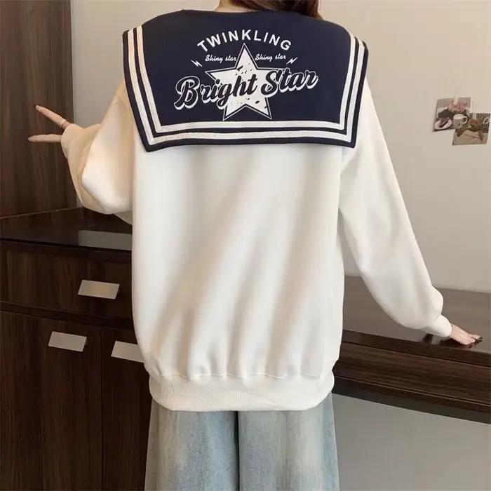 Sweat-shirt Y2K pour femme, col marin, coupe oversize, épaules tombantes, blanc, manches longues, avec breloques étoiles 3D mignonnes, style preppy, haut d'automne