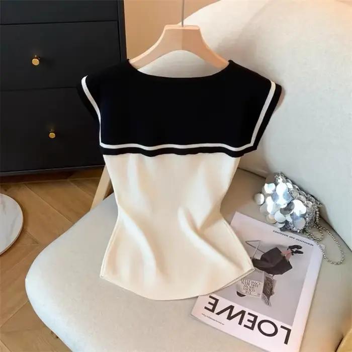 Coréen nouveau 2025 contraste tricoté gilet femmes été mode tempérament sans manches ample
