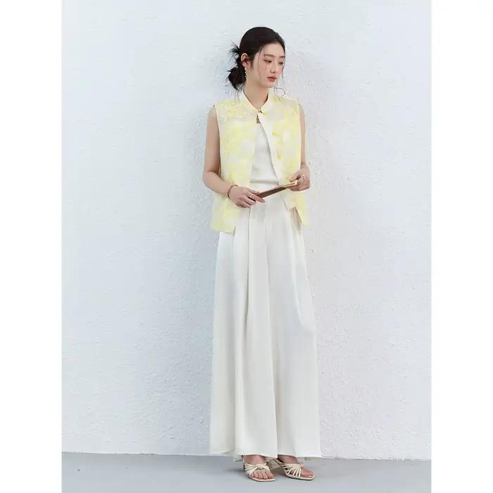 Gilet Femme Vimly Été 2026 Décontracté Broderie Florale Jaune Col Montant Occasions Spéciales et Journées Estivales