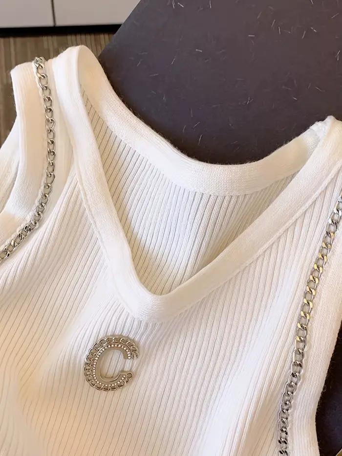 Gilet en tricot côtelé blanc avec décoration tridimensionnelle et strass pour femmes, haut court sans manches à col rond mode printemps été style décontracté