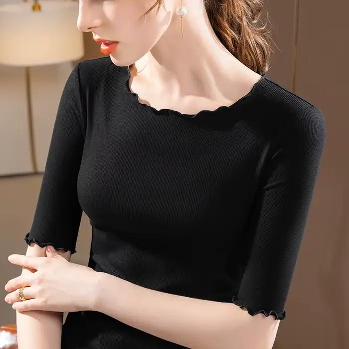 T-shirt côtelé à manches mi-longues pour femme – Haut basique ajusté