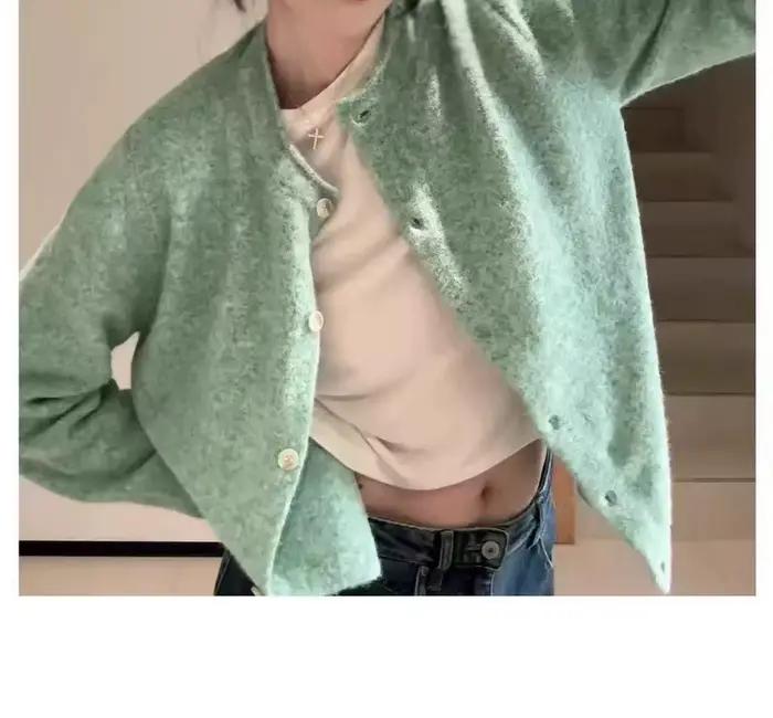 Tempérament: vert menthe bord roulé Cardigan pull veste femme printemps et automne haut début