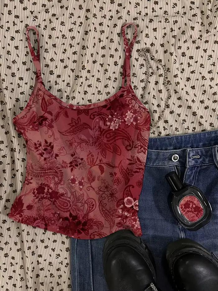 Gilet sexy rouge à motif floral vintage pour femmes, haut court, élégant, occassions spéciales, mode européenne et américaine
