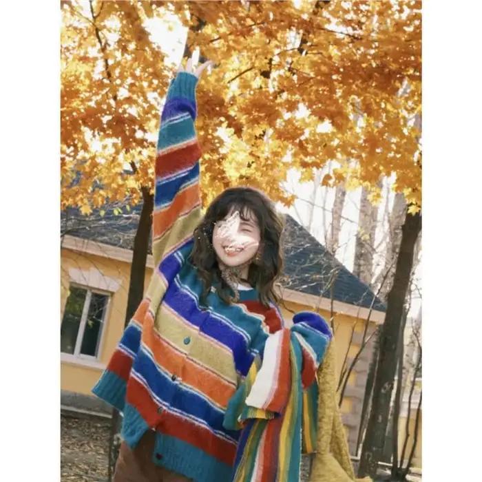 Cardigan de Style japonais à rayures arc-en-ciel