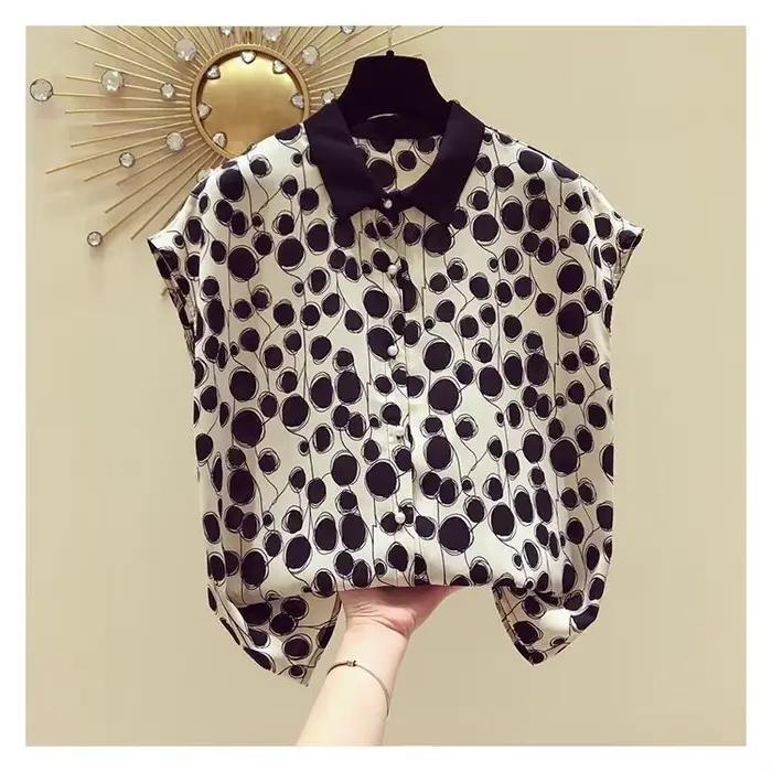 Femme été Style Blouses hauts dame décontracté manches courtes chauve-souris col claudine à pois imprimé haut Blouse ZZ1392