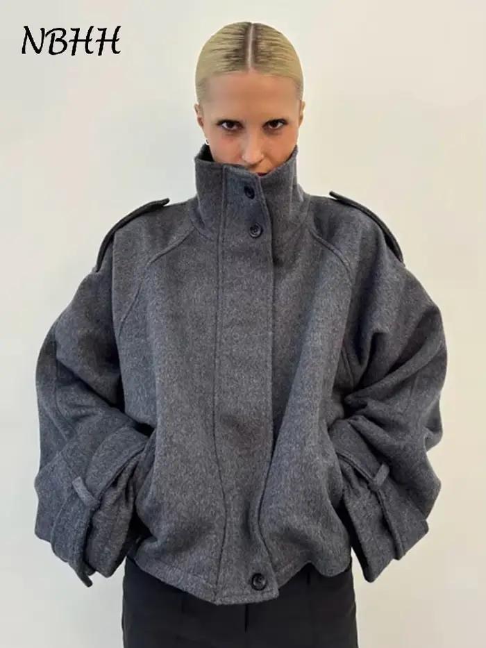 Manteau en laine ample à col montant pour femme