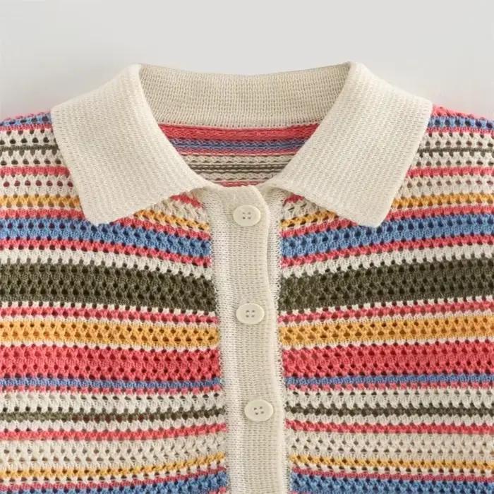 Pull court rayé en tricot au crochet pour femme