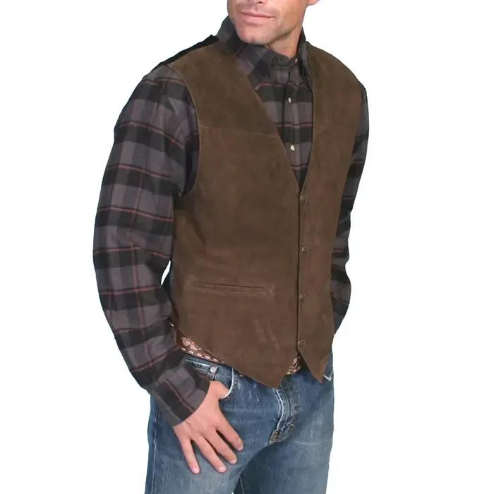 Gilet en cuir pour homme, col en V, simple boutonnage, style western, sans manches, pour motard, club, chopper