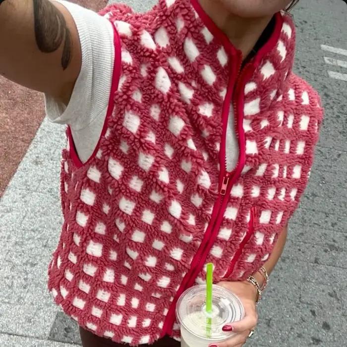 Hirigin Gilet polaire pour femme à carreaux sans manches avec fermeture éclair et cardigan chaud avec poche poitrine
