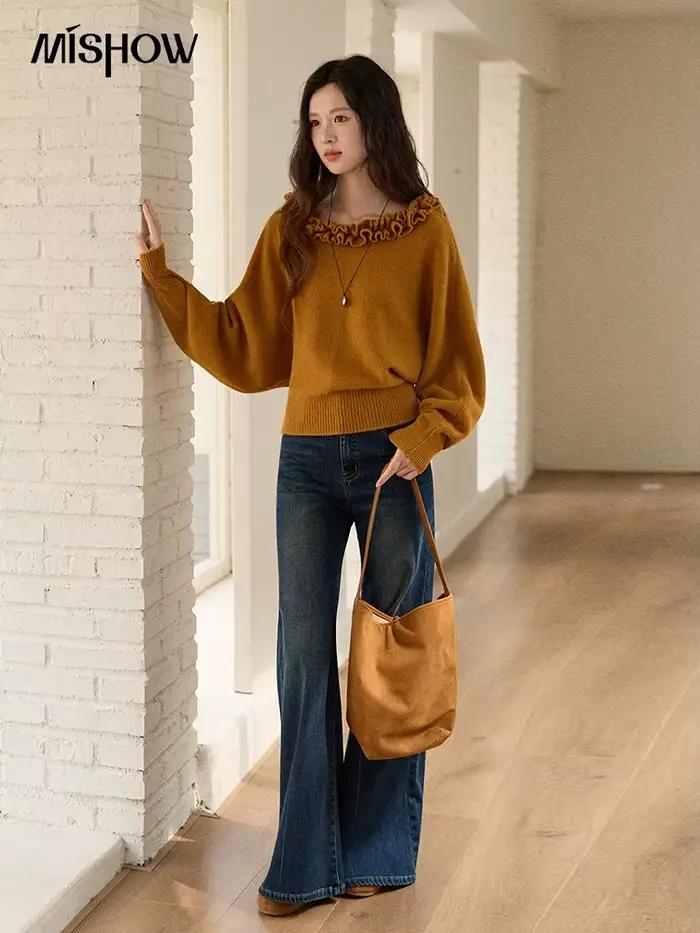 MISHOW pulls femmes 2025 Style français Orange Lotus bord col rond lanterne manches haut mince luxe