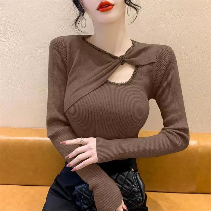 Chandails tricotés pour femmes avec strass automne mode coréenne vêtements ventes Y2k haut Vintage vêtements d'extérieur nœud femme pull
