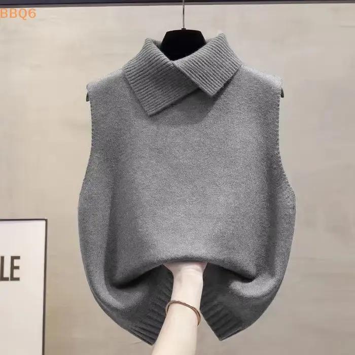 Gilet tricoté coréen sans manches à revers de couleur unie