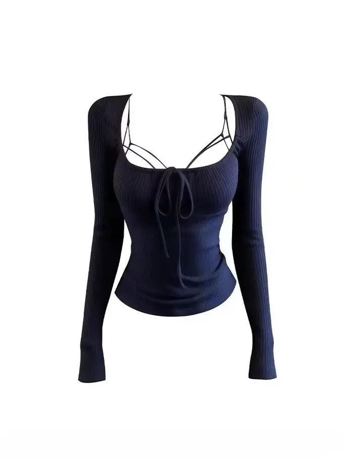 Nouveau Pull Tricoté Sexy à Col Carré et Lacets pour Femme