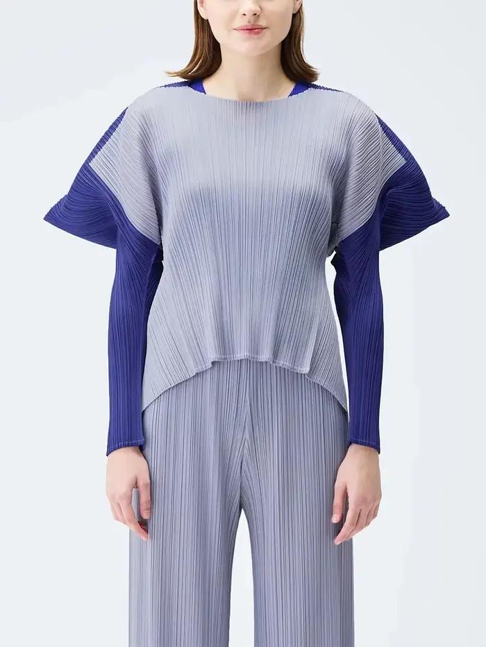 Fold Miyake plissé col rond manches longues femmes formes carrées combinaisons de couleurs haut ample