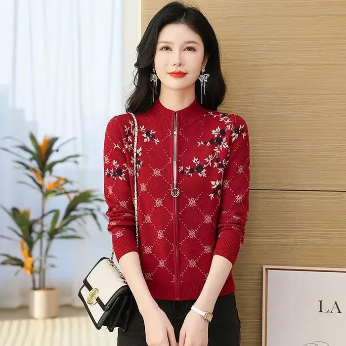 Cardigan pour femmes fermeture éclair court tricots femme vêtements nouveau imprimé Vintage dames pull veste mode mère tricot manteau