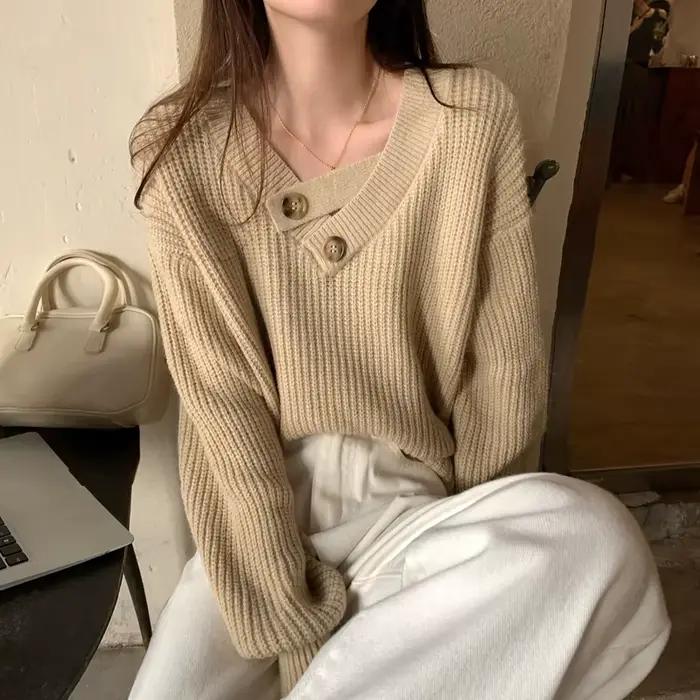 2025 col en v pull femmes automne hiver ample à manches longues solide Feamle tricots bureau dame décontracté quotidien