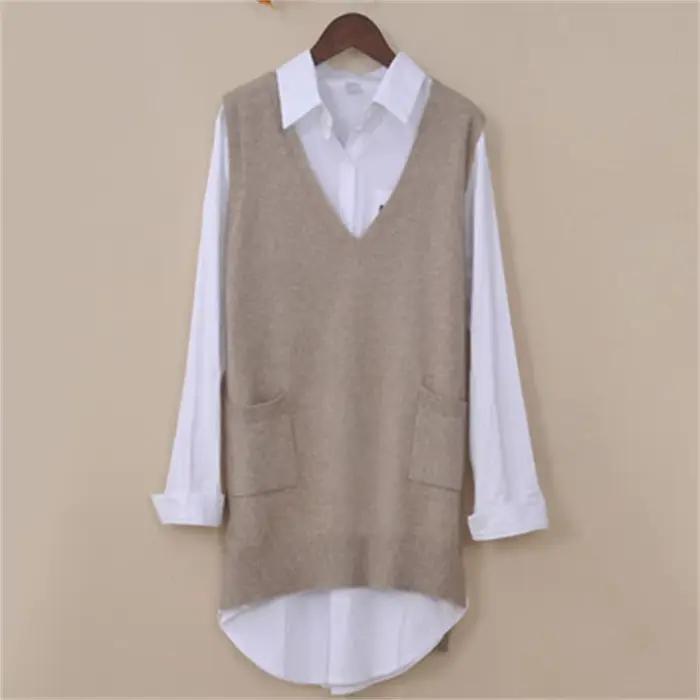 Gilet long tricoté pour femmes, col en V, poches pratiques, coupe ample, décontracté, polyester, printemps/automne, occasions spéciales