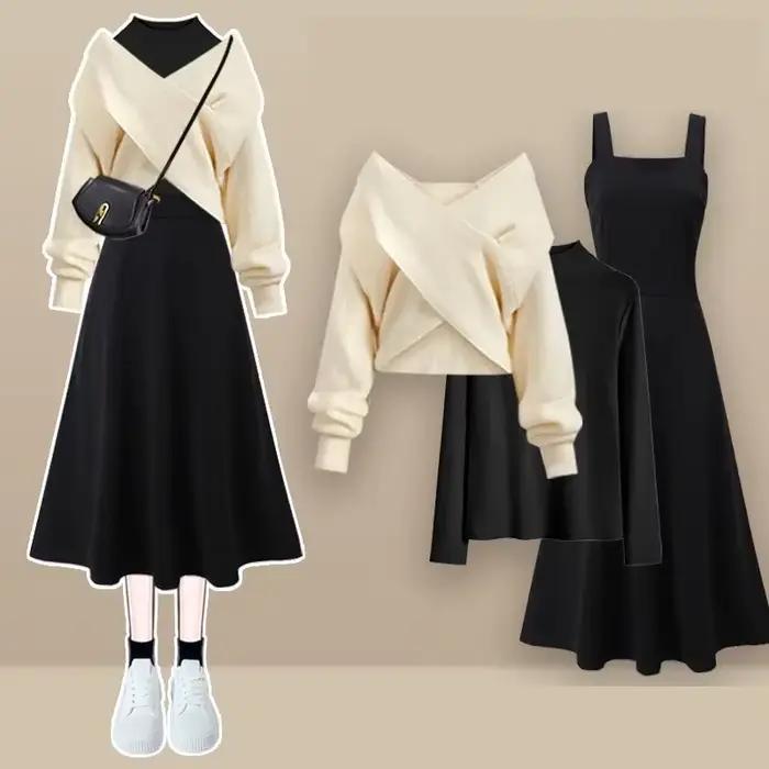Femmes printemps automne nouveau Vintage tricot pull + chemise + sangle robe Midi 3 pièces costume 2025 coréen élégant