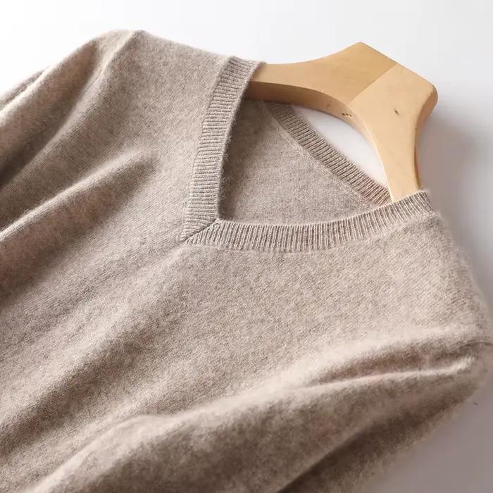 Pull femme col en v manches longues 100% pur cachemire automne hiver chaud doux tricot