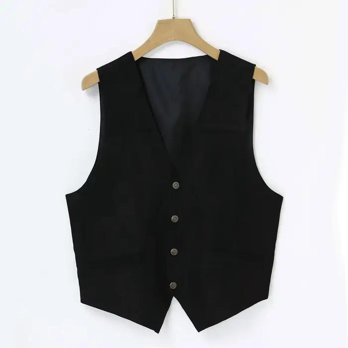 Gilet en cuir pour homme, col en V, simple boutonnage, style western, sans manches, pour motard, club, chopper
