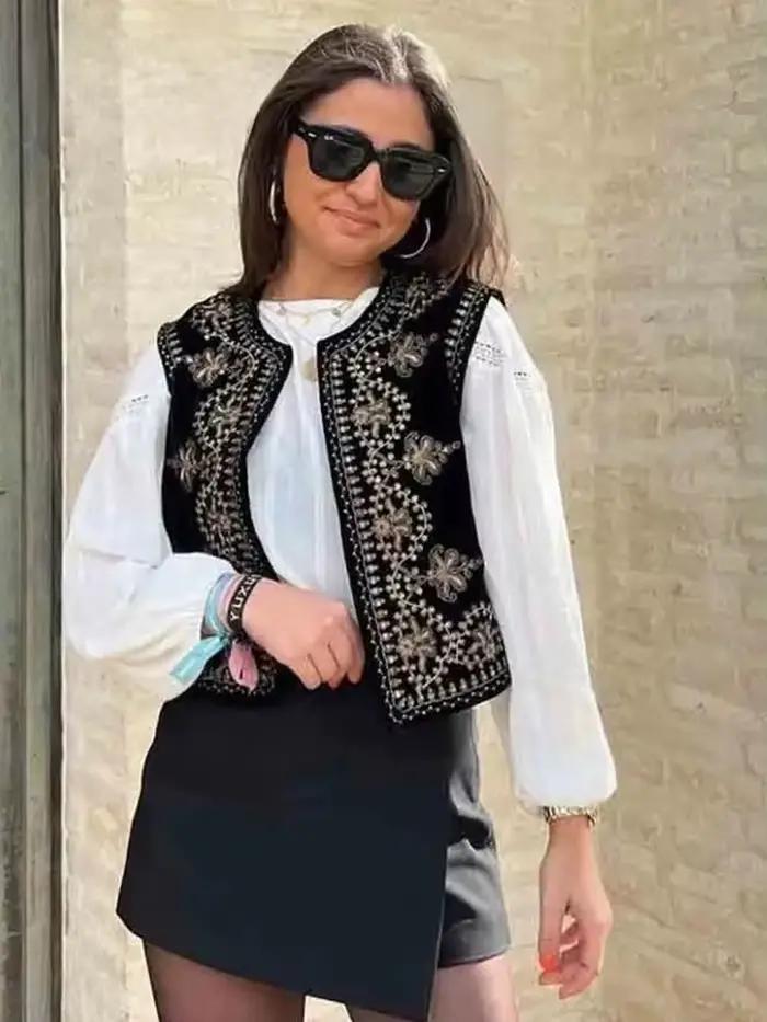 Gilet Vintage Automne en Velours Brodé Col en V Chic pour Femmes Occasions Spéciales Automne Hiver Polyester Coton