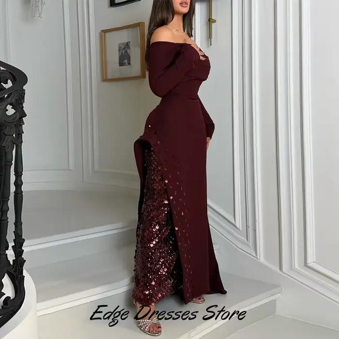 Robe de soirée rêveuse à col bateau et manches longues, scintillante, personnalisée, à sequins, robe de bal de promo, robe sirène classique en jersey, robes de célébrités