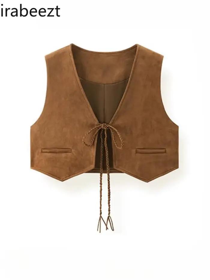 Cardigan en daim plié couleur café Vintage à lacets col en v gilet femmes automne hiver Style court Casaco Feminino