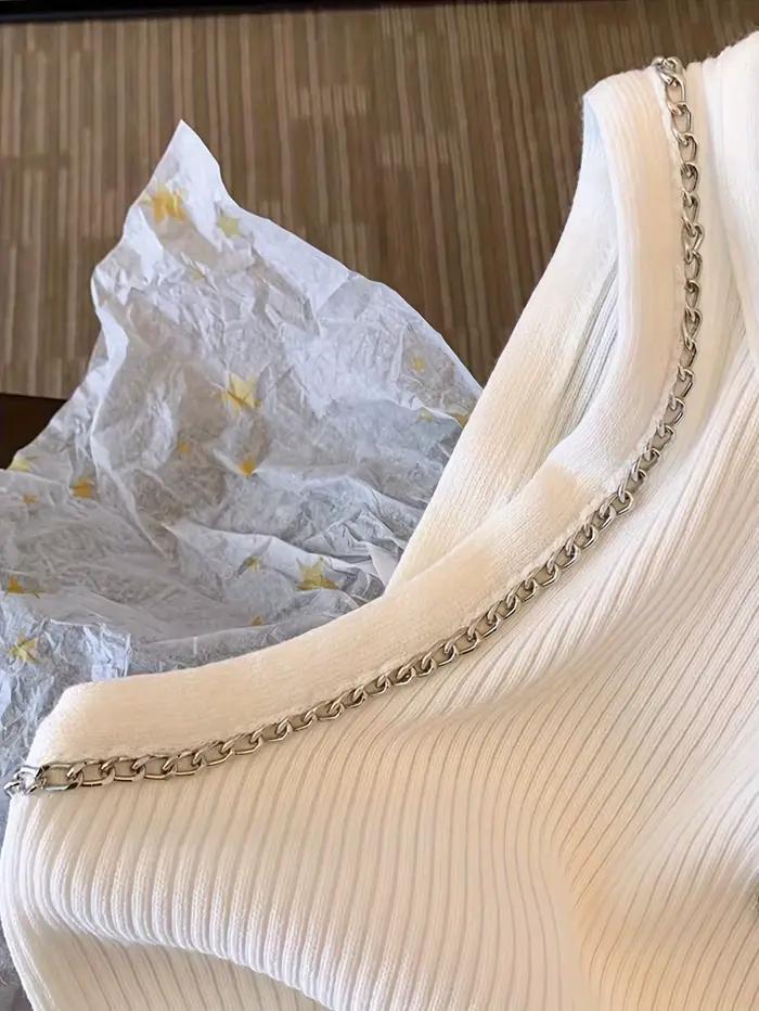 Gilet en tricot côtelé blanc avec décoration tridimensionnelle et strass pour femmes, haut court sans manches à col rond mode printemps été style décontracté