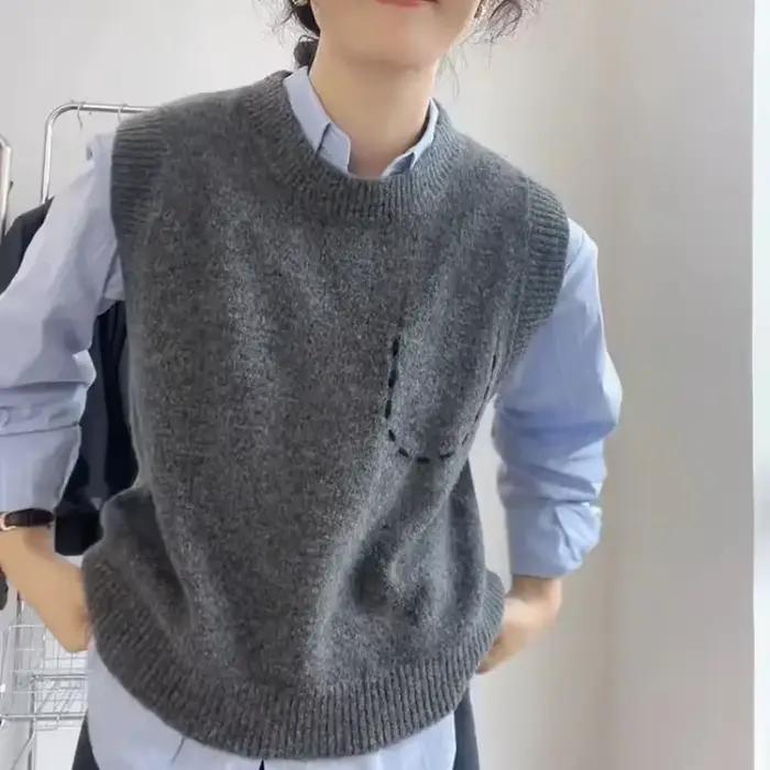 Solide col rond femmes tricoté gilet pull Style coréen vêtements tendance 2025