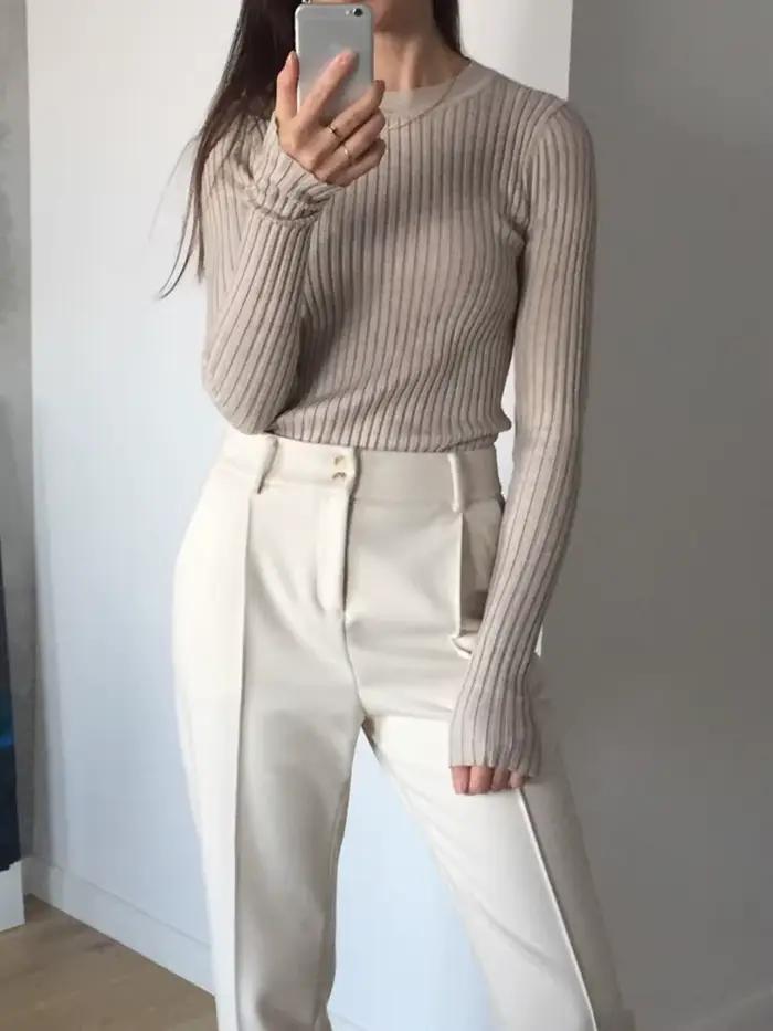 Pull basique à col rond pour femme, pull avec trou pour le pouce, pull en Y
