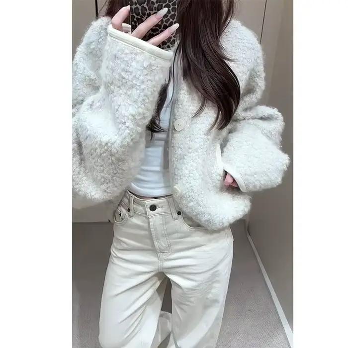 Cardigan blanc manteau d'agneau pour femme automne et hiver nouveau