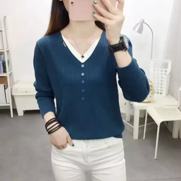 Pull en tricot à col en V pour femmes