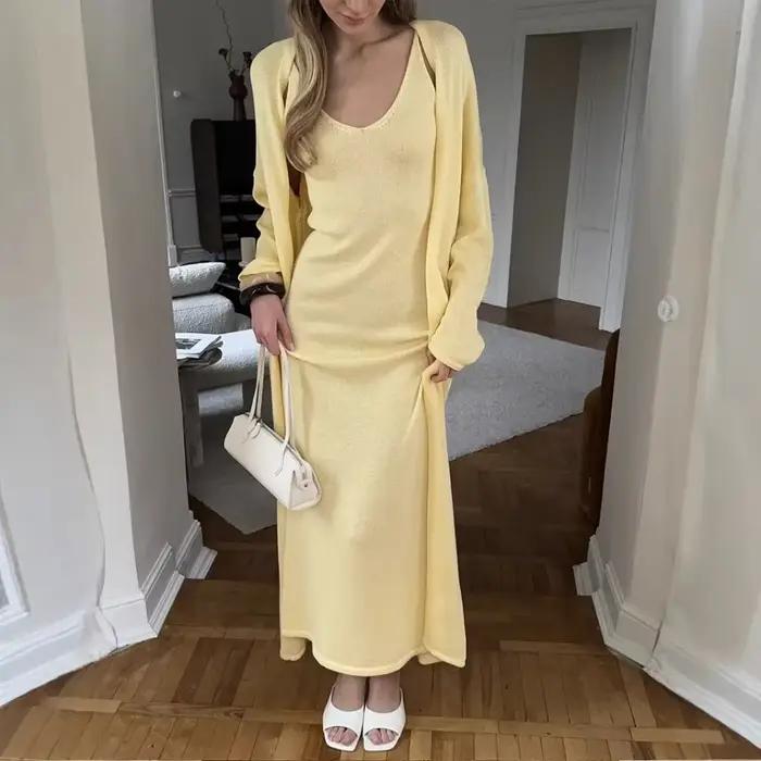 Femmes léger luxe coupe ajustée tricoté manteau robe costume mode élégant solide doux décontracté maison