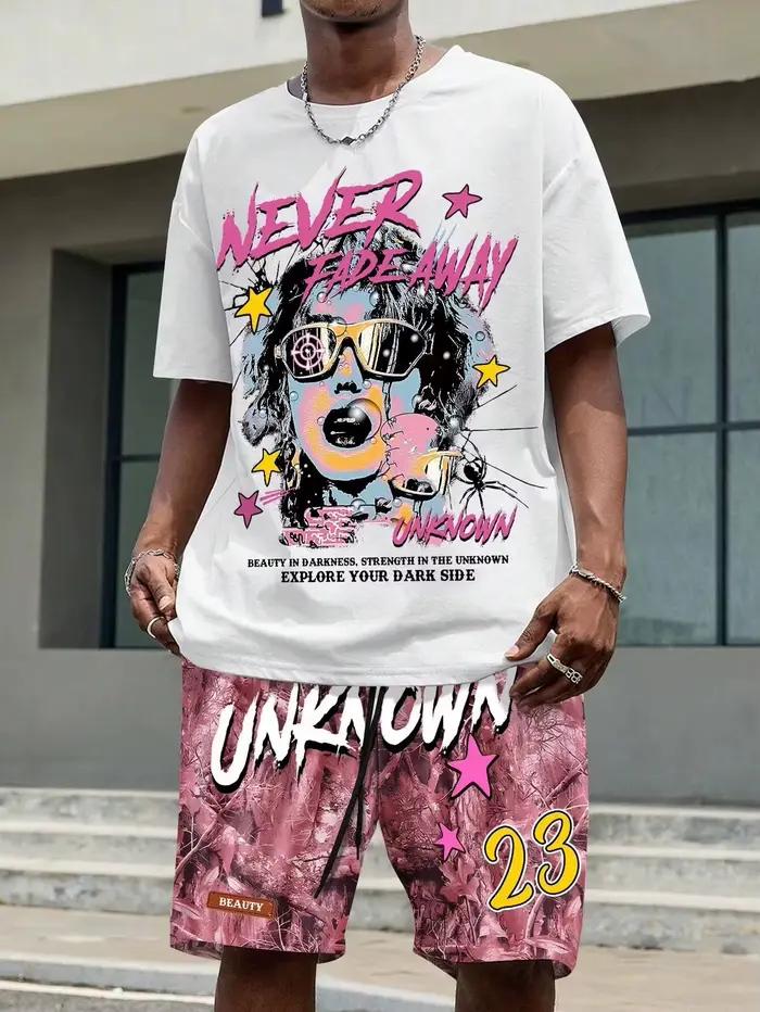 T-shirt d'été décontracté à col rond pour hommes, imprimé de personnages de dessins animés et de motifs de lettres, sl court léger et respirant