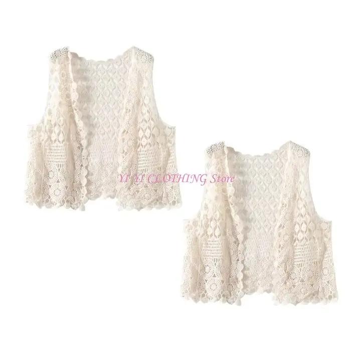 Gilet cardigan court sans manches en crochet pour femme