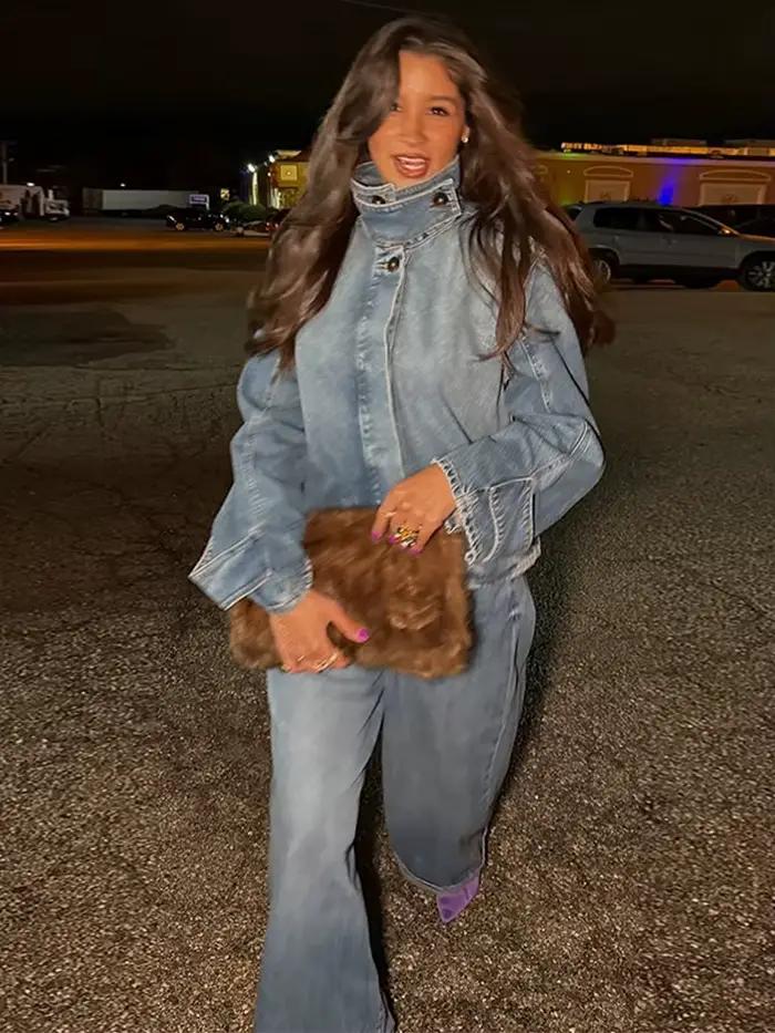 Femmes Denim tricot Patchwork veste revers épissures simple boutonnage à manches longues manteau dame poches