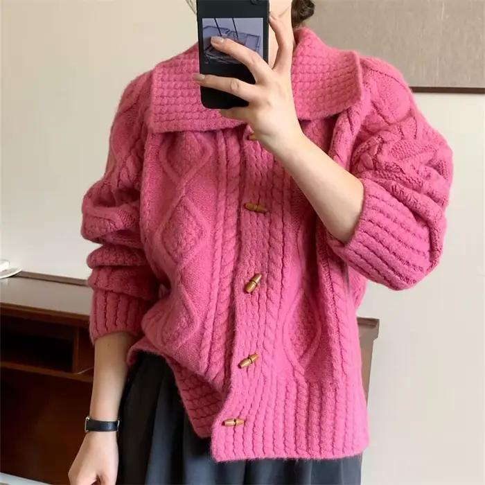 Pull à revers manteau paresseux ample collège diamant pâte frite torsions tricot Cardigan superposition