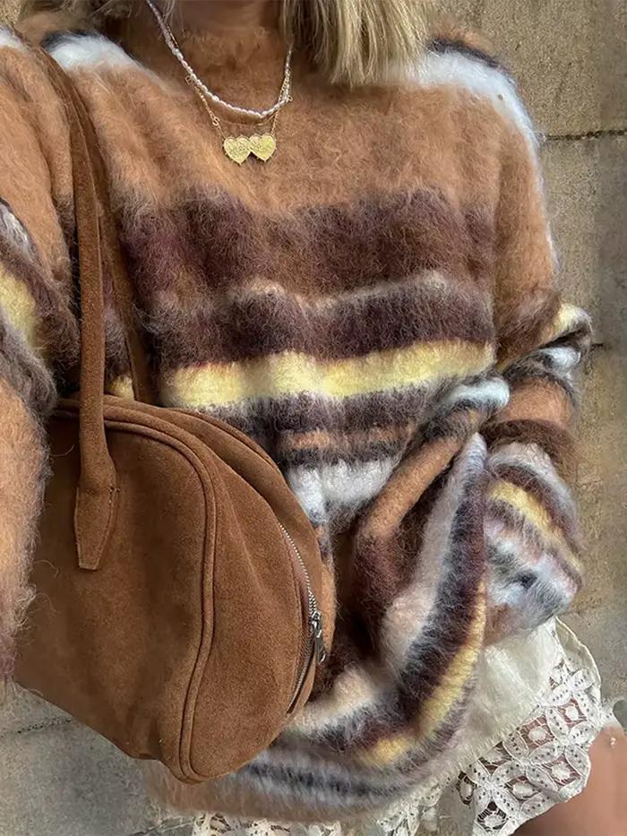 Rétro Mohair rayé pull femmes décontracté en peluche ample col rond manches longues chandails femme 2025 automne Chic rue tricots