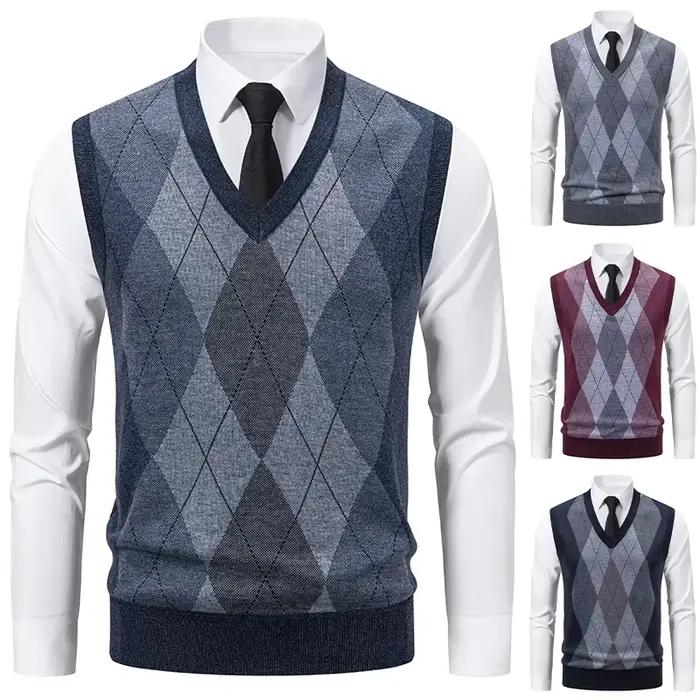 Pull tricoté à col en v pour hommes, chaud, décontracté, mode, grille de diamant, Design de fleurs torsadées, haut polyvalent, nouvelle collection automne hiver