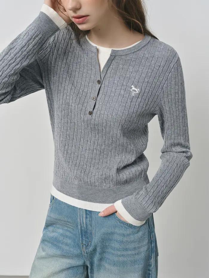 FSLE faux deux pièces Design câble tricot pull pour les femmes 2025 automne nouveau coupe ajustée brodé contraste couleur haut 25FS13297