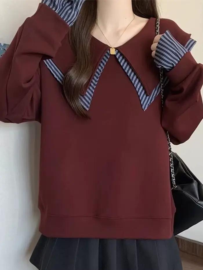 Sweat-shirt à col marin japonais pour femmes style préppy patchwork printemps automne ample manches longues deux hauts kawaii vintage