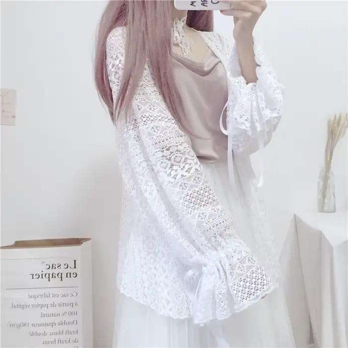 Cardigan en Dentelle Ajourée à Manches sulfLanterne pour Femme