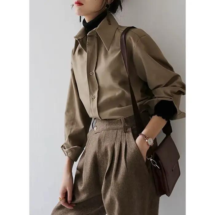 QOERLIN café Blouse femmes printemps automne décontracté couleur unie à manches longues chemise femmes coréen chemise ample OL Style vêtements de travail S-XL