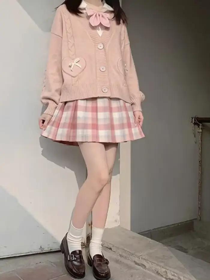 KOSAHIPastel-Cardigan japonais Kawaii avec poches à nœud en forme de cœur pour femme