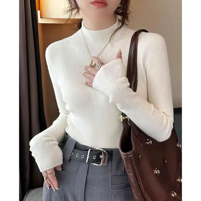 Pull jaune clair femme manches longues tricot côtelé col montant