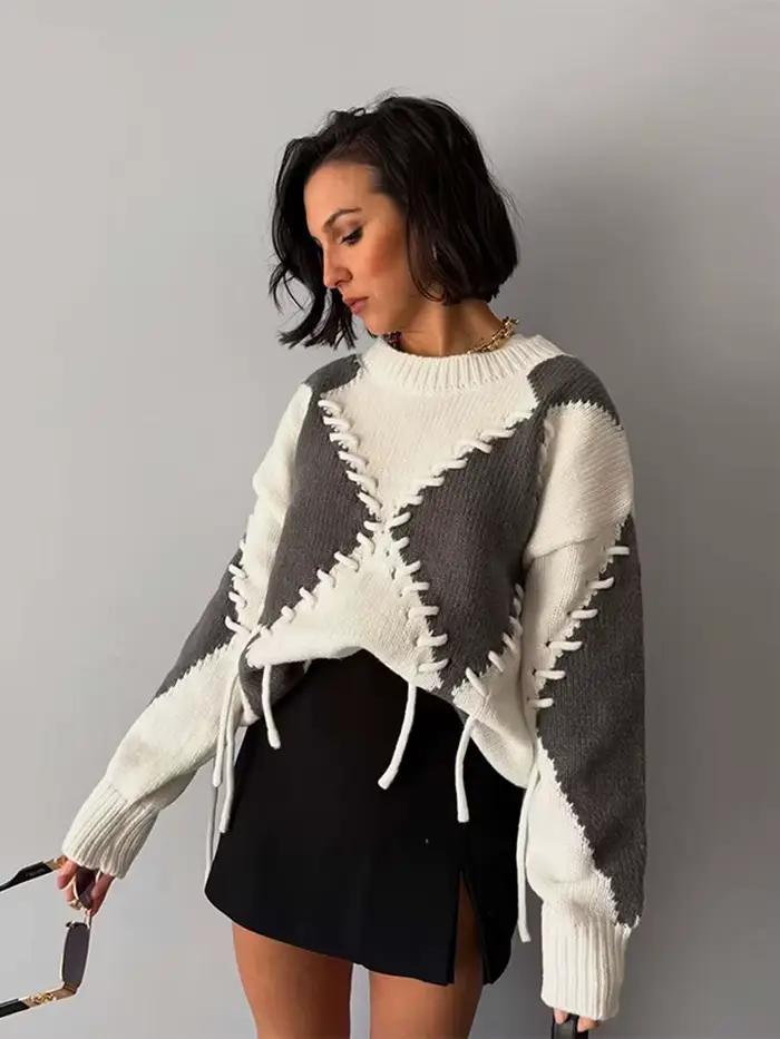 Lingge élégant cordon femmes pulls solide col rond tricoté manches longues chandails femme 2025 automne rue dame pull