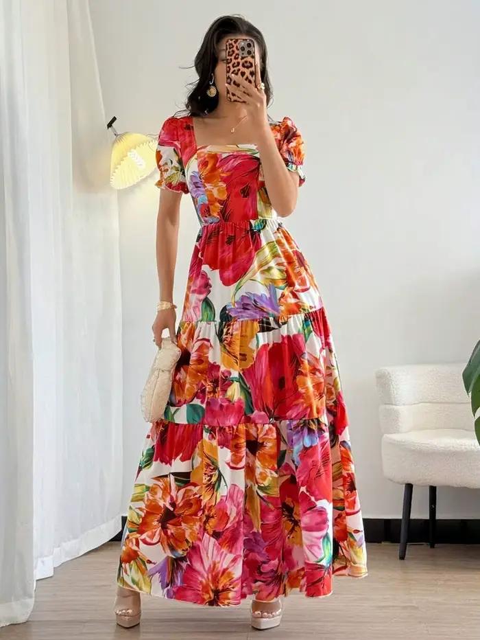 Robe longue maxi à col carré imprimée numériquement rouge, élégante robe d'été pour femmes, idéale pour le quotidien et les rendez-vous romantiques