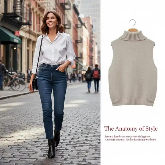 Gilet en tricot coréen uni à col tailleur sans manches
