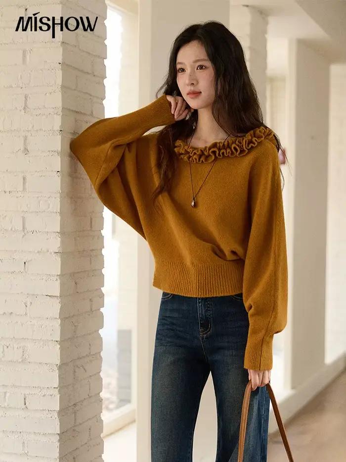 MISHOW pulls femmes 2025 Style français Orange Lotus bord col rond lanterne manches haut mince luxe