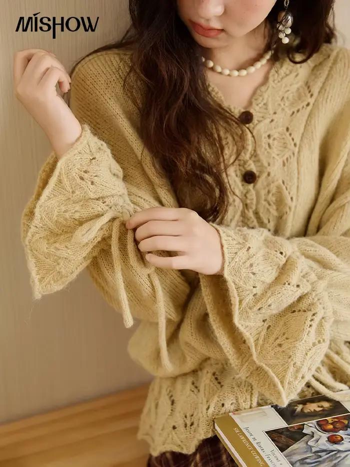 MISHOW pull au Crochet fait à la main Cardigan automne Mohair manches évasées hauts tricotés vague col en v à lacets